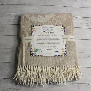 Made in Spain Throw Blanket Tan Cream Mandala with Fringe Cotton Blend